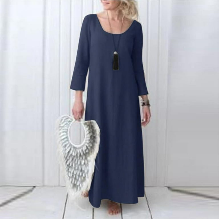 HAiming Women's Cotton Linen 3/4 Sleeve Maxi Dress 2025 Casual Solid Color  Round Neck Plus Size Loose Long Dresses - Walmart.com