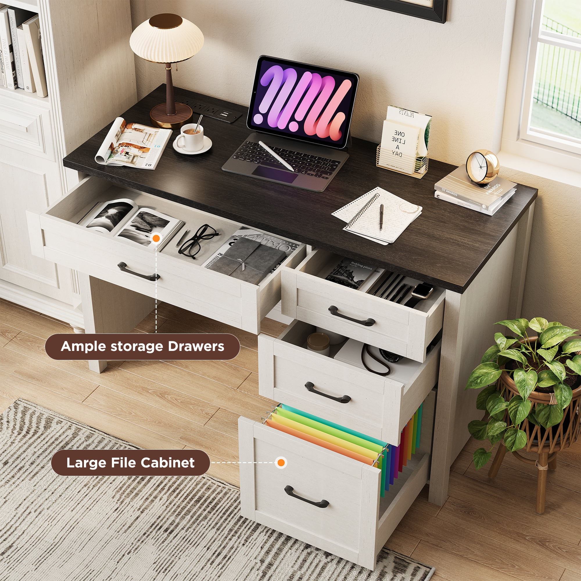 Conate 47" Executive Desk with File Cabinet and Drawers, Home Office Desk with Charging Station and Large Drawer, Workstation Table for Study