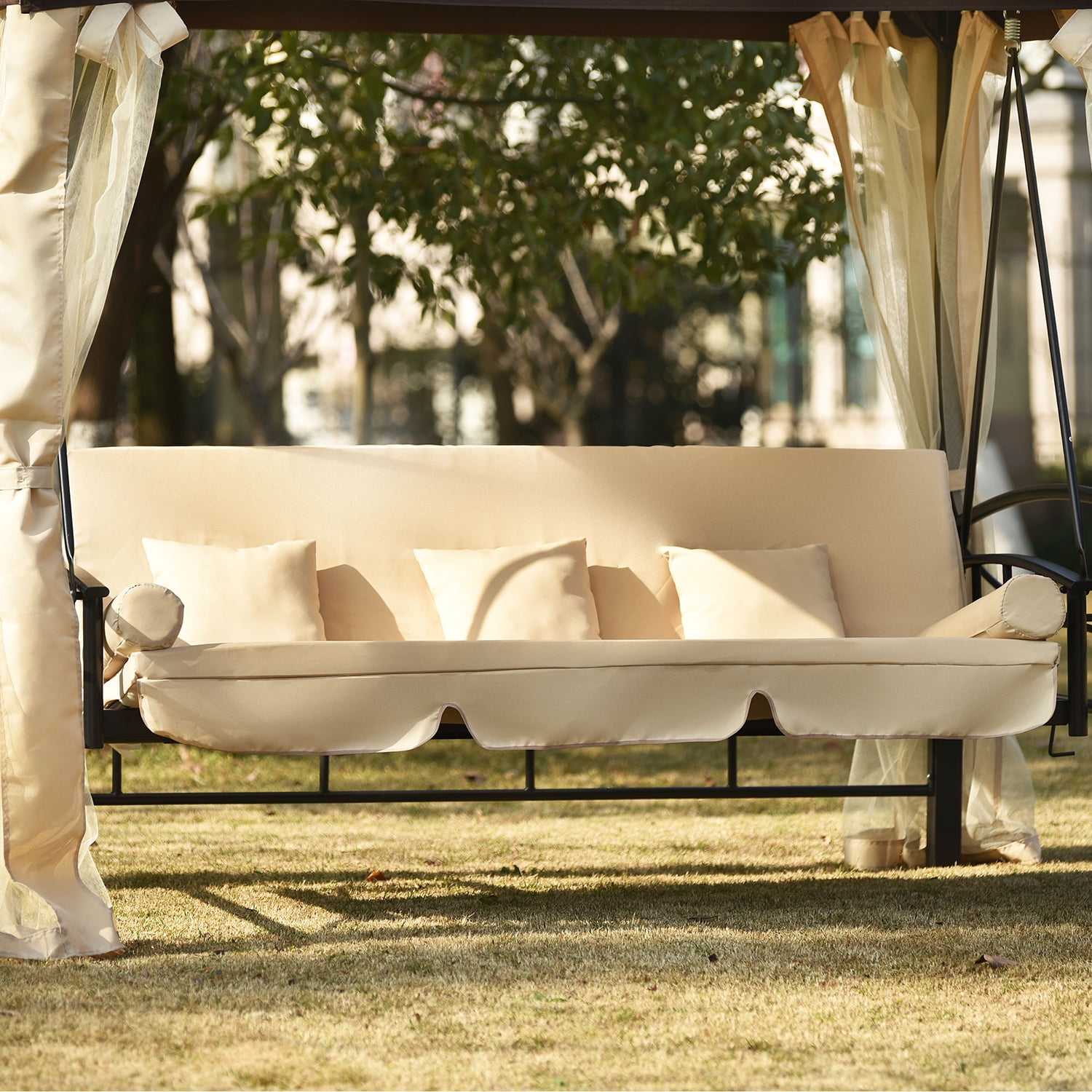 Kadyn 8.9 Ft. W x 5.9 Ft. D Outdoor Canopy Gazebo, Patio Gazebo with Convertible Swing Bench and Mosquito Netting Suitable for Lawn, Garden, Beige