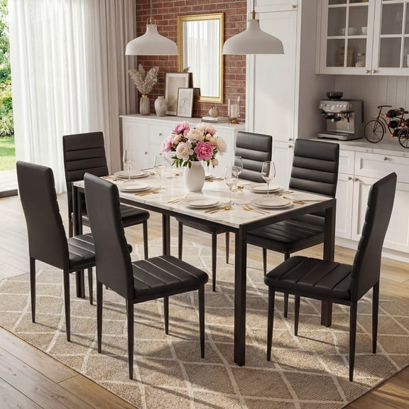 7-Piece Modern Dining Table Set with Faux Marble Table & Black PU Leather Chairs – Space-Saving Design for Small Spaces