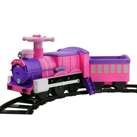 Rollplay Steam Train 6-Volt 1PMH Ride-On Vehicle Toy with 23 Feet of Track Lights Sounds 2 Hours of Ride Time for Girls 2+, Pink