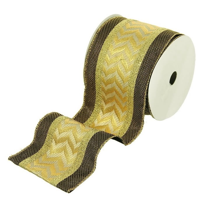Select Artificials Gold and Brown Metallic Flame Chevron Wired Craft Christmas Ribbon 4" x 5 Yards