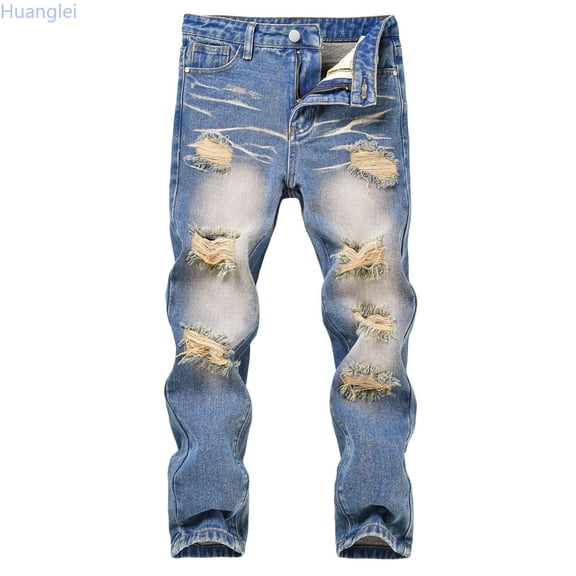 Huanglei Boys Distressed Denim Pants For Autumn Winter Casual Streetwear Trousers With Knee For Teen And Big Kids ,Back To School Boys Jeans /Size 5-6 Years(Light Blue)