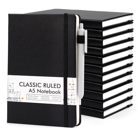 12 Pack Notebooks Journals Bulk with 12 Black Pens A5 Hardcover Notebook Classic Ruled Journal Set with Pen Holder for School Business Work Travel Writing 120 GSM 5.1”x8.3”