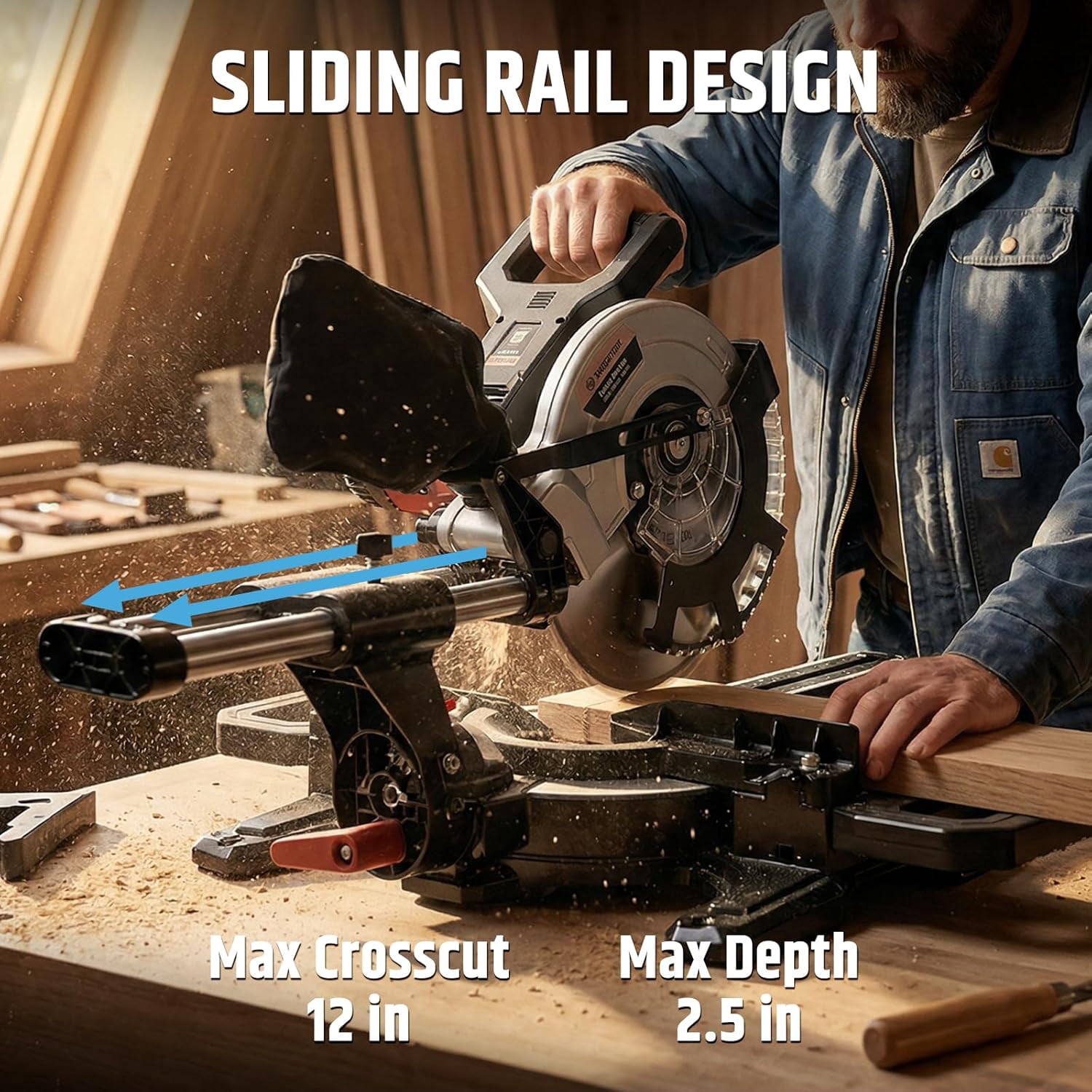 WOODSTARTER Cordless Sliding Miter Saw, Brushless, 4200 RPM, Battery & Charger Included