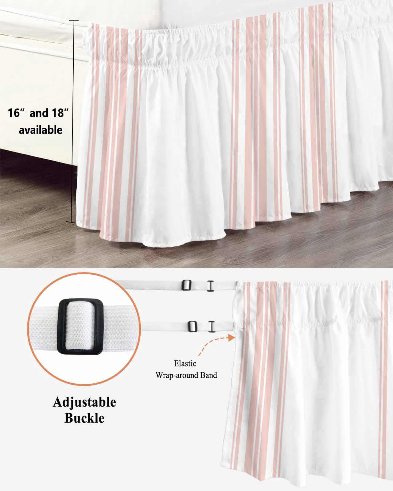 Colorful Stripes Bed Skirt King Size 18" Drop Pink Wood Texture White Ruffled Wrap Around Bed Skirts Adjustable Elastic Bedskirt Dust Ruffle for King Size Bed