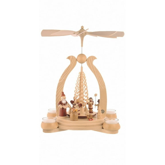 German christmas pyramid arch Santa giving out X-mas presents, 1-tier, height 34 cm / 13 inch, natural with tealights, original Erzgebirge by Müller Seiffen MU 10348