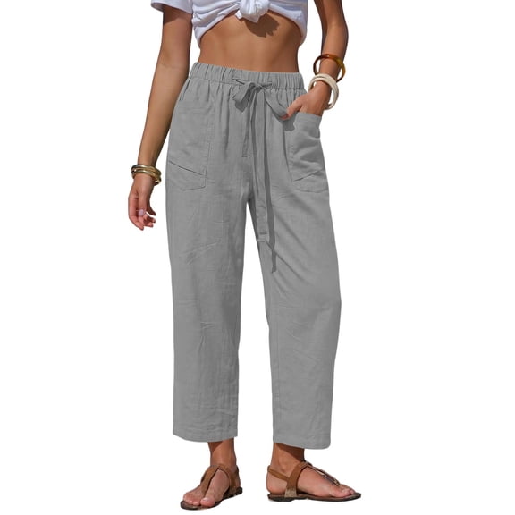 Womens Wide Leg Linen Pants Elastic Waist Lightweight Casual Flowy Palazzo Lounge Trousers with Pockets, 2XL