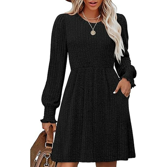 ZHYou Women Long Sleeve Knit Dress Round Neck Ribbed Fabric Soft Comfortable Stretchy Casual Midi Dress with Pockets and Puff Sleeves,Black,M
