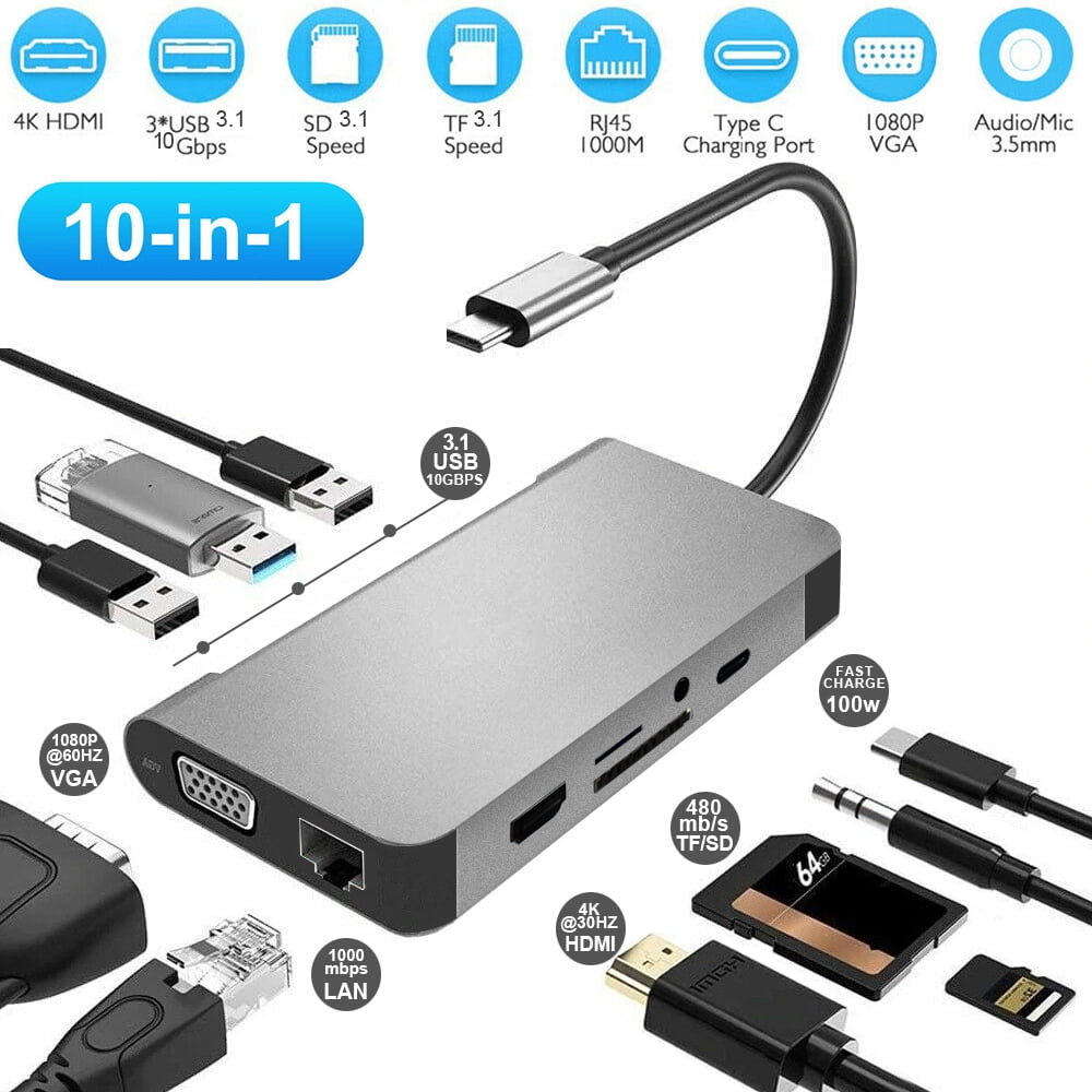 USB C Hub Multiport - 10 in 1 Portable Dongle with 4K HDMI, VGA, Ethernet, 3 USB Ports, Audio, PD Charger, SD/Micro SD Card Reader Compatible for MacBook Pro, XPS More