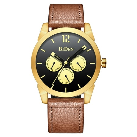 Mens Quartz Watch Gold&Black Dial Leather 6 Hands Analog Display Fashion Mens Choice Best for Gift