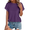 thumbnail image 2 of Tittly T Shirts for Women Spring Tops for Women Women's Spring Summer Solid Color Hollow Breathable Round Neck Loose Short Sleeved T Shirt Top Tshirts Shirts Basic Tees Purple L, 2 of 7