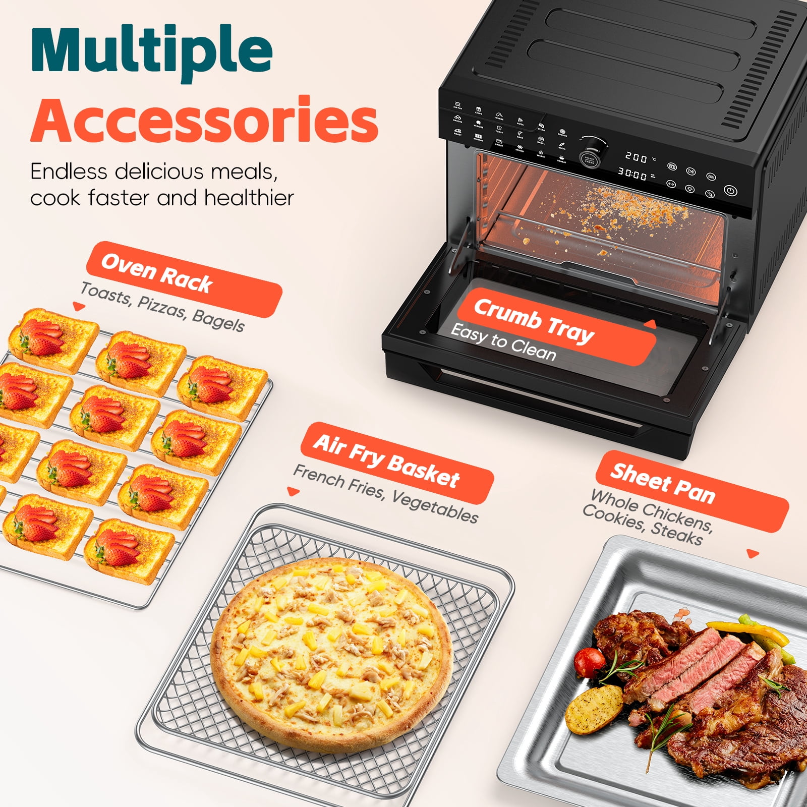 Fitfort 32QT Large Air Fryer Grill Combo, 1800W, 450°F Max Temp, 20-in-1 with 7 Accessories and 13" Pizza Pan