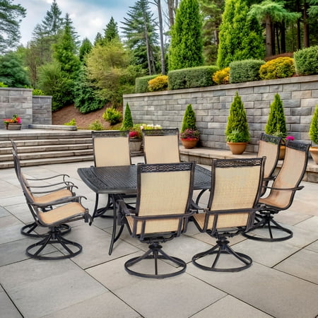 Hanover Manor 9-Piece Outdoor Patio Dining Set with 8 PVC Sling Swivel Rockers and Rust-Free Aluminum 60" Square Dining Table | MANDN9PCSWSQ-8