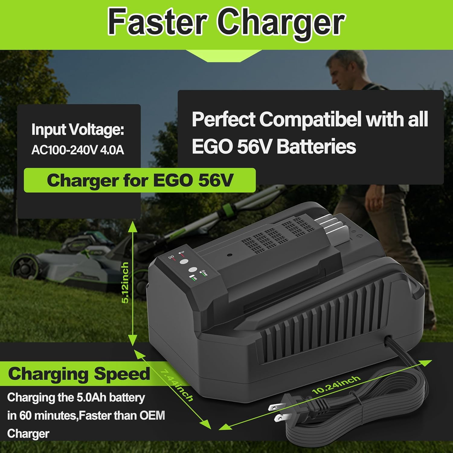 For EGO Power+ 56V 4A Battery Rapid Charger replacement EGO 56V Battery Charger CH2100 CH3200 CH5500, Compatible with All EGO 56V Battery BA2800 BA1400 BA5635 BA4200