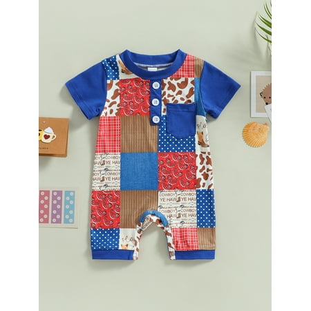 

Lamuusaa Baby Boys Summer Casual Jumpsuit Short Sleeve O Neck Cattle Head Print Button Romper