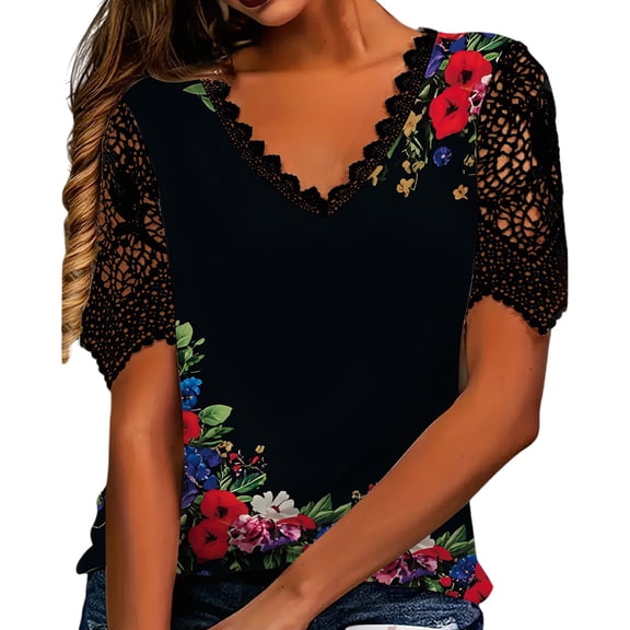 T Shirts for Women V Neck Lace Trim Butterfly Loose Summer Tops Summer Tops