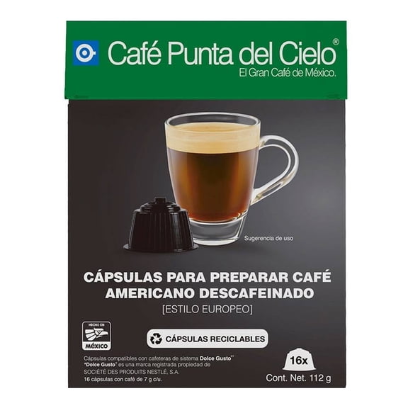 Cápsulas de café Punta del Cielo americano descafeinado 16 pzas