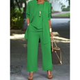 thumbnail image 3 of Plus Size Casual Solid Color Three-piece Set, Open Front Top & Crew Neck Tank Top & Pants Outfits, Women's Plus Size Clothing, 3 of 8