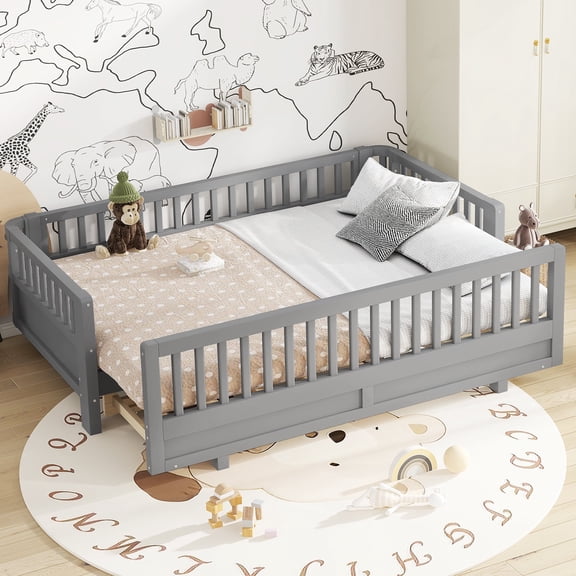Twin XL Size Platform Bed with Guardrails, Solid Wood Twin XL Bed Frame, Can Be Converted into a Queen Platform Bed,Gray