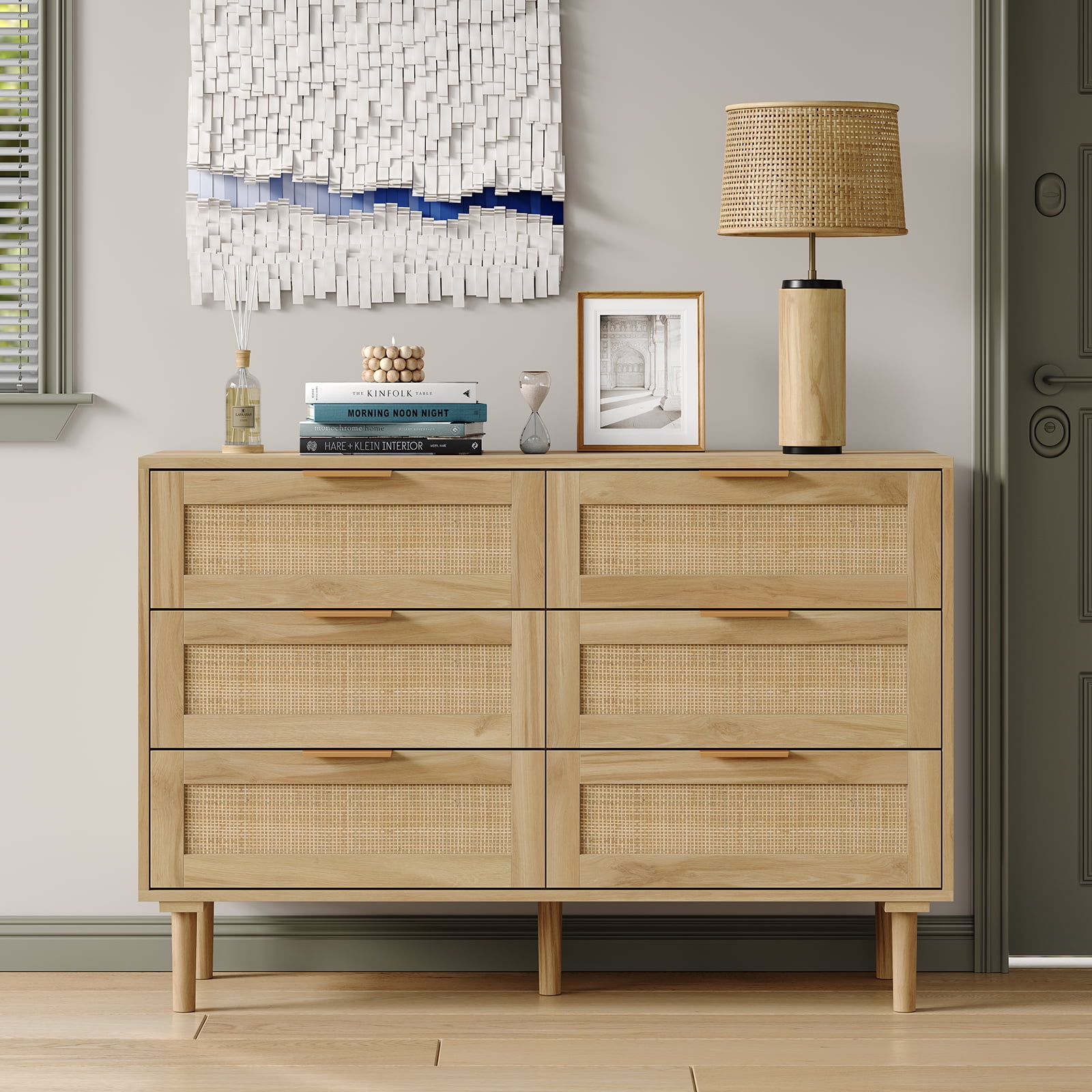 Furnihold Rattan Dresser for Bedroom Natural Wood Dresser 6 Drawer Dresser for Closet Beside Table for Bedroom, Living Room