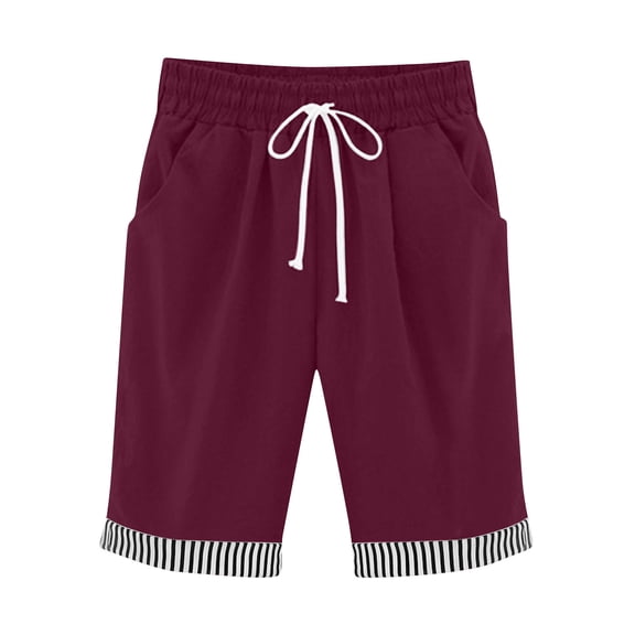 GUACER Casual Shorts for Women Cotton Linen Drawstring Elastic Waisted Striped with Pockets Loose Lightweight Shorts