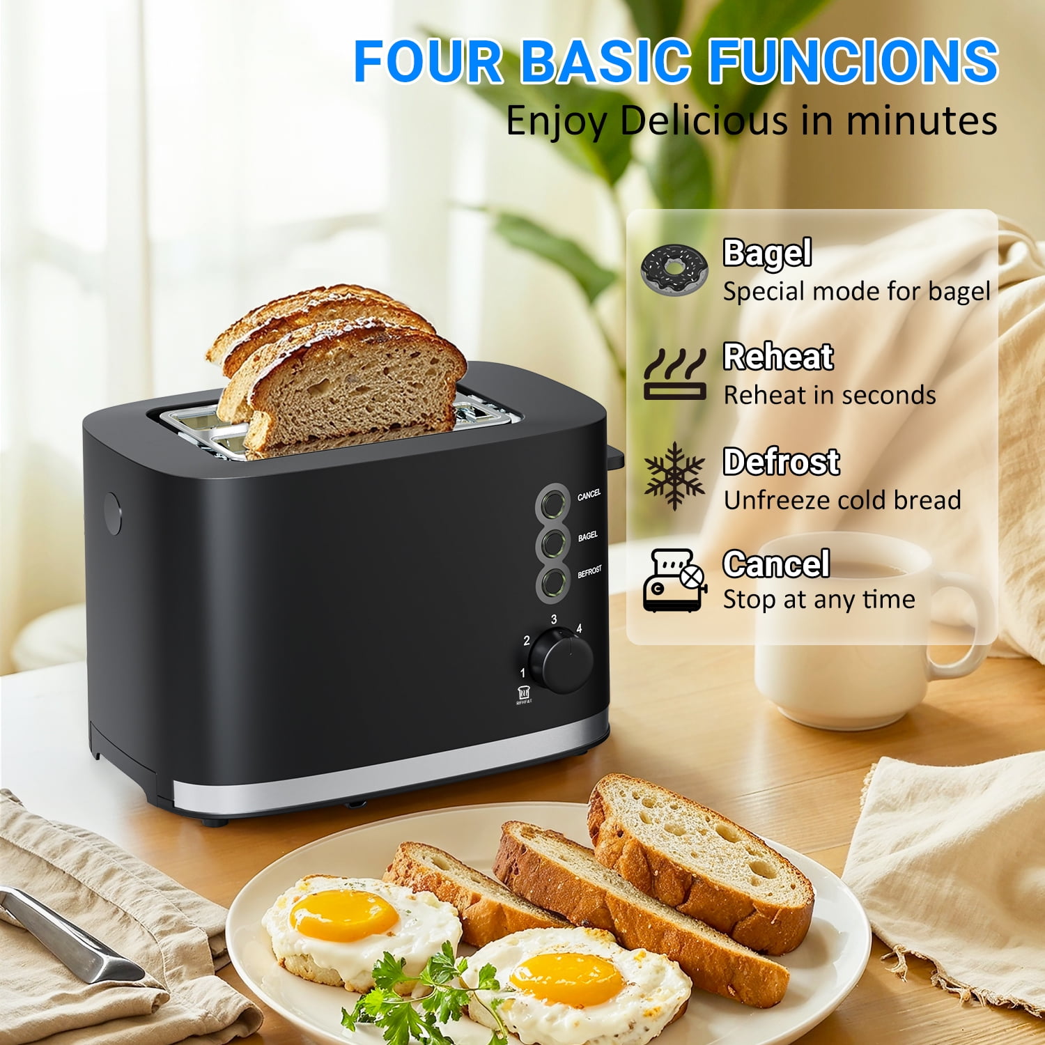 TINANA Wide Slot 2 Slice Toaster: Bread Toaster with Removable Crumb Tray, Small Toaster, 6 Bread Shade Settings, Auto-Shutoff, Toast Boost, Cord Storage Under Base, Black, 900W