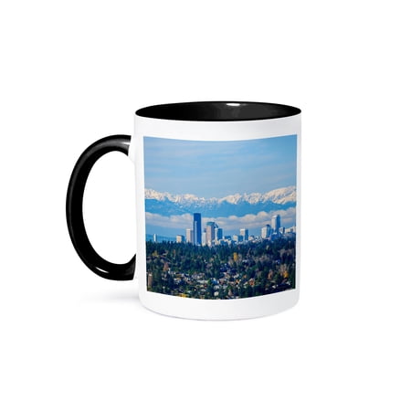 3drose, Washington, Bellevue. Seattle Skyline and Olympic Mountains., 15oz Two-tone Black Mug