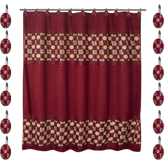 Elegant Rose Burgundy with Gold Accent Shower Curtain, Shower Hooks, Rug and 3 Piece Towel Set