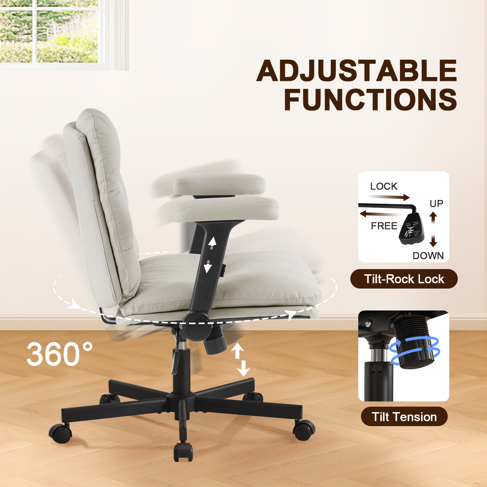 Falvinoryn 25.6" Wide Seat Office Chair, High Back Ergonomic Task Chair with Padded Adjustable Armrests and Double Cushion, Swivel Home Office Desk Chair for Office, Bedroom (Off-white)
