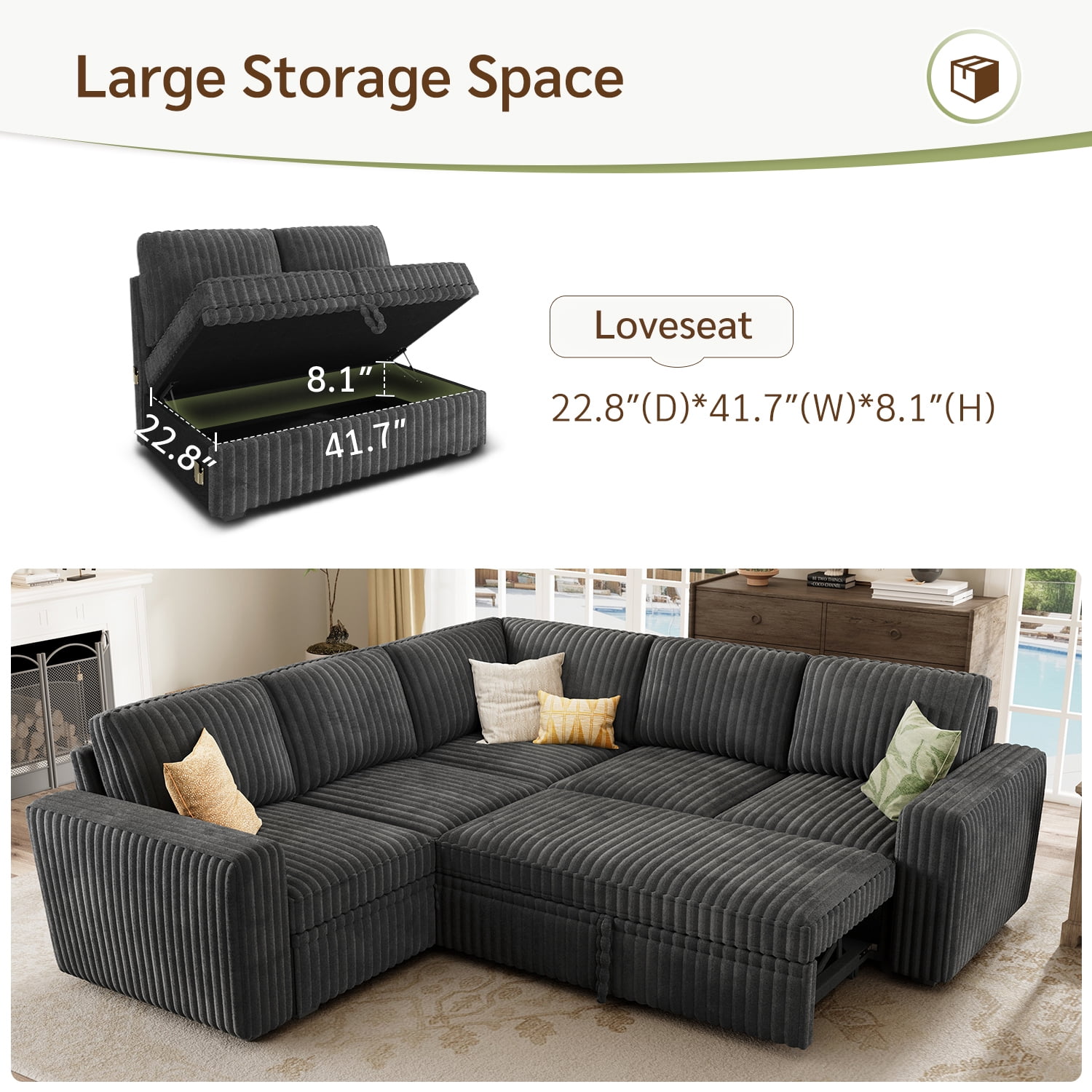 Marrber 84" Large Sectional Sofa with Pull-Out Sleeper Bed, Reversible Chaise & Hidden Storage, Pet-friendly Corduroy for Living Room, Gray