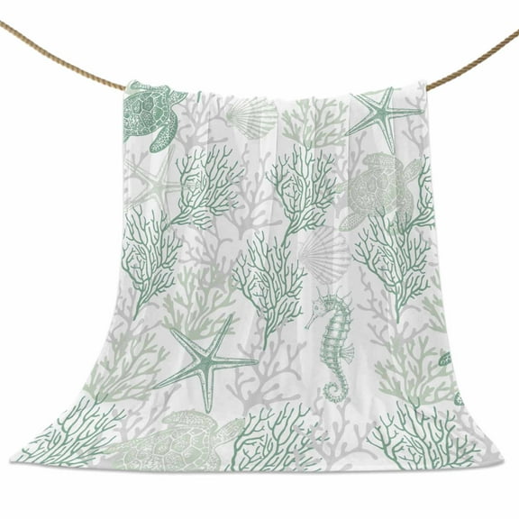Flannel Fleece Blanket Ocean Marine Life Sea Turtle Super Soft Warm Cozy Throw Blanket Starfish Jellyfish Green Bed Couch Car Blankets for All Season 50" x 60"