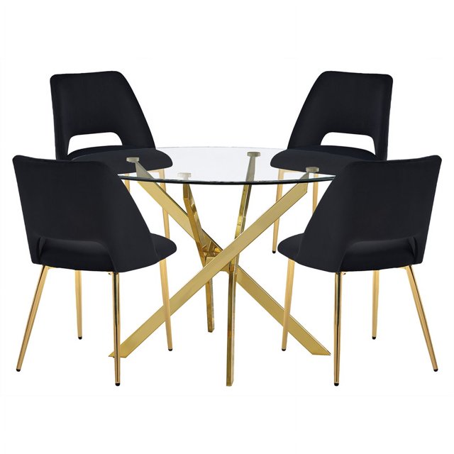 Round 45" x 45" 5pc Clear Glass Dinette Set with Black Chairs