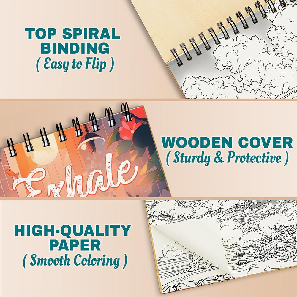Netecom Exhale Coloring Book Spiral Bound For Adults, A5 Wooden Cover, 30 Gentle Coloring Pages of Peaceful Scenes for Stress Relief and Relaxation