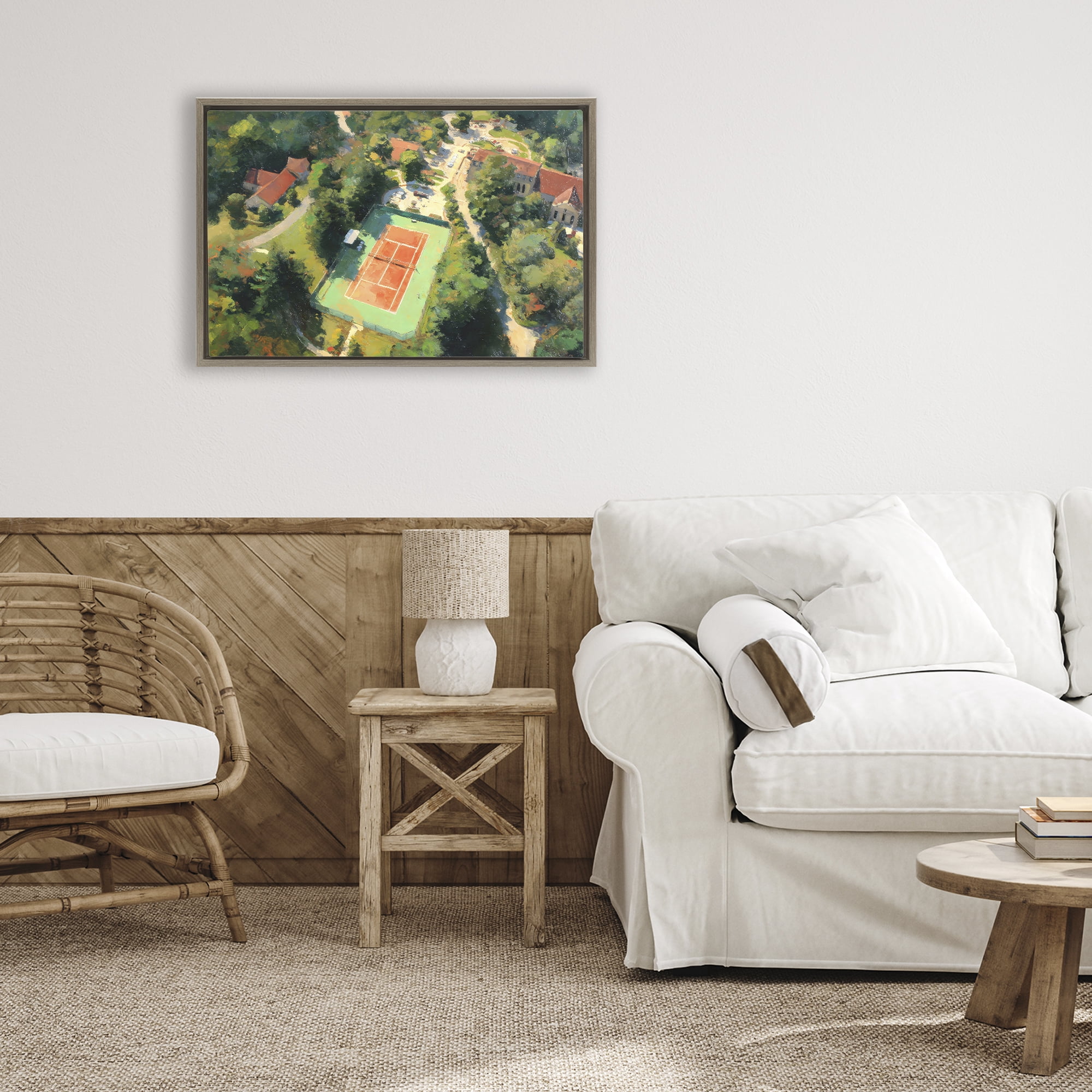 Stupell Industries Aerial Tennis Court Park Brown Framed Floater Canvas Wall Art, design by Petal Prints Design