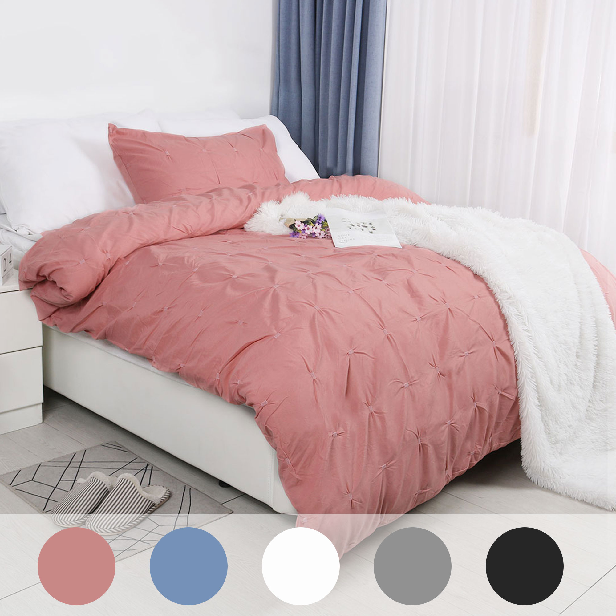 Duvet Cover Set 2 Piece Embroidery Pinch Pintuck Twin Bedding Pink