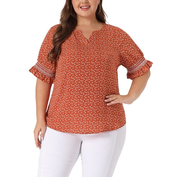 Blusas de mujer de tallas grandes Agnes Orinda con puntos, cuello en V, volantes, manga corta, tops bohemios de primavera y verano 1X Naranja