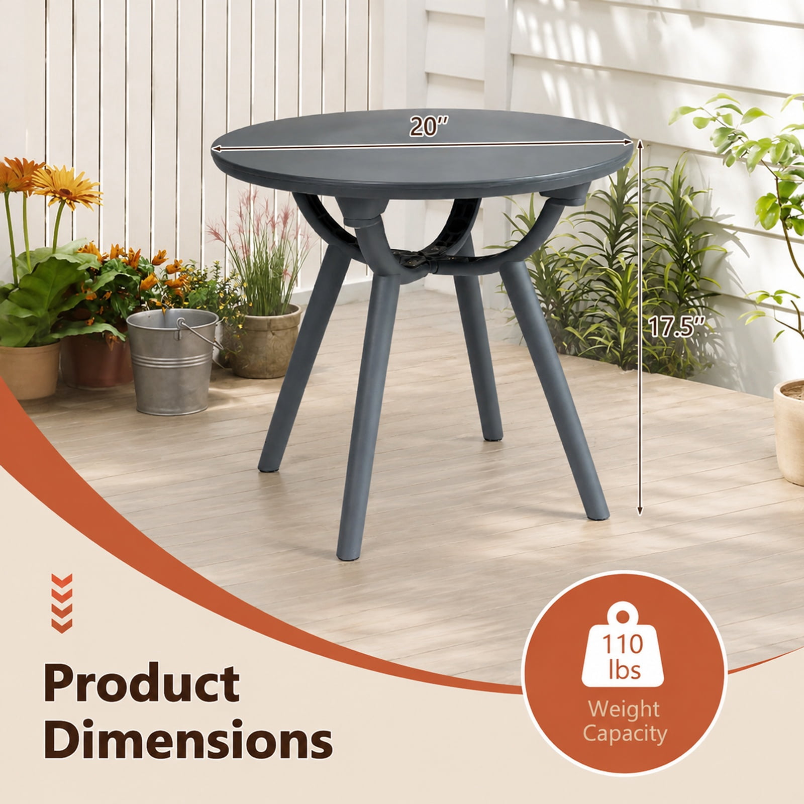 Biotree Round Patio Side Table, Outdoor Storage End Table with 20 Inch Tabletop, Weatherproof PP ABS and 110 lbs Capacity for Poolside Balcony, Gray