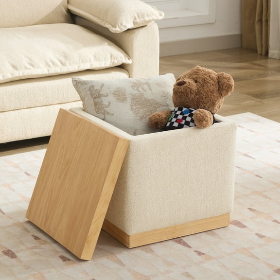 Zesthouse 17.9″ Wide Storage Ottoman Coffee Table, Square Ottoman with Storage, Modern Linen Foot Stool with Natural Solid Wooden Tray Lid & Base for Living Room, Bedroom, Beige