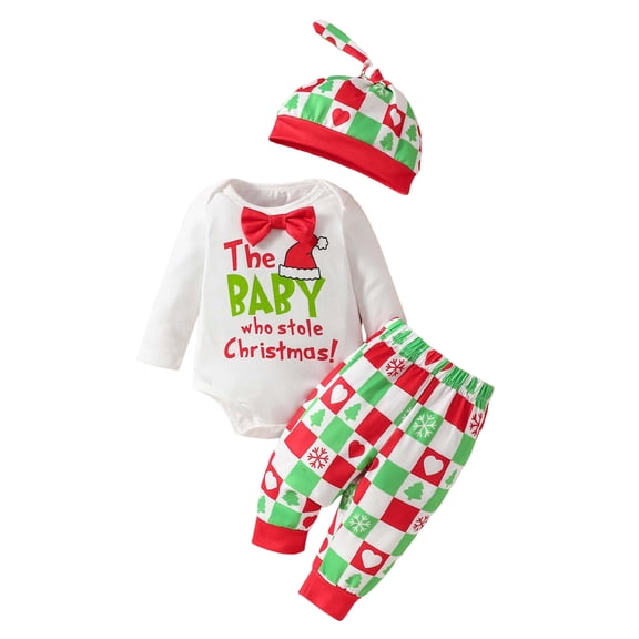 OJSFQUFP 3Pcs Baby Christmas Suit Long Sleeve Bow Tie Bag Romper Clothes Strap Pants Christmas Outfit My First Christmas