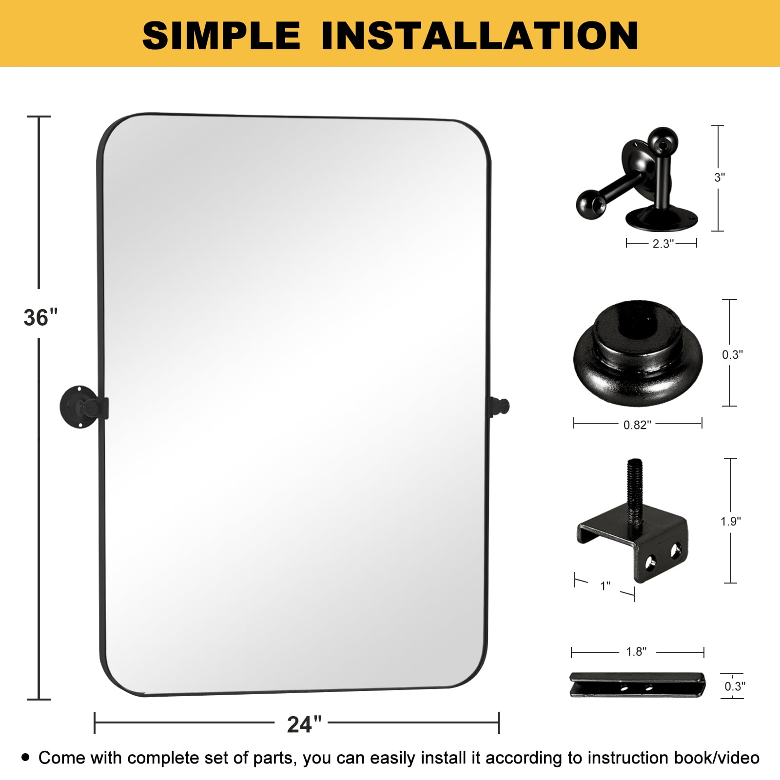 MAYEERTY 36"×24" Black Iron Rectangular Wall Mirror Rounded Corners, Hardware, Double-Sided for Bathroom or Bedroom