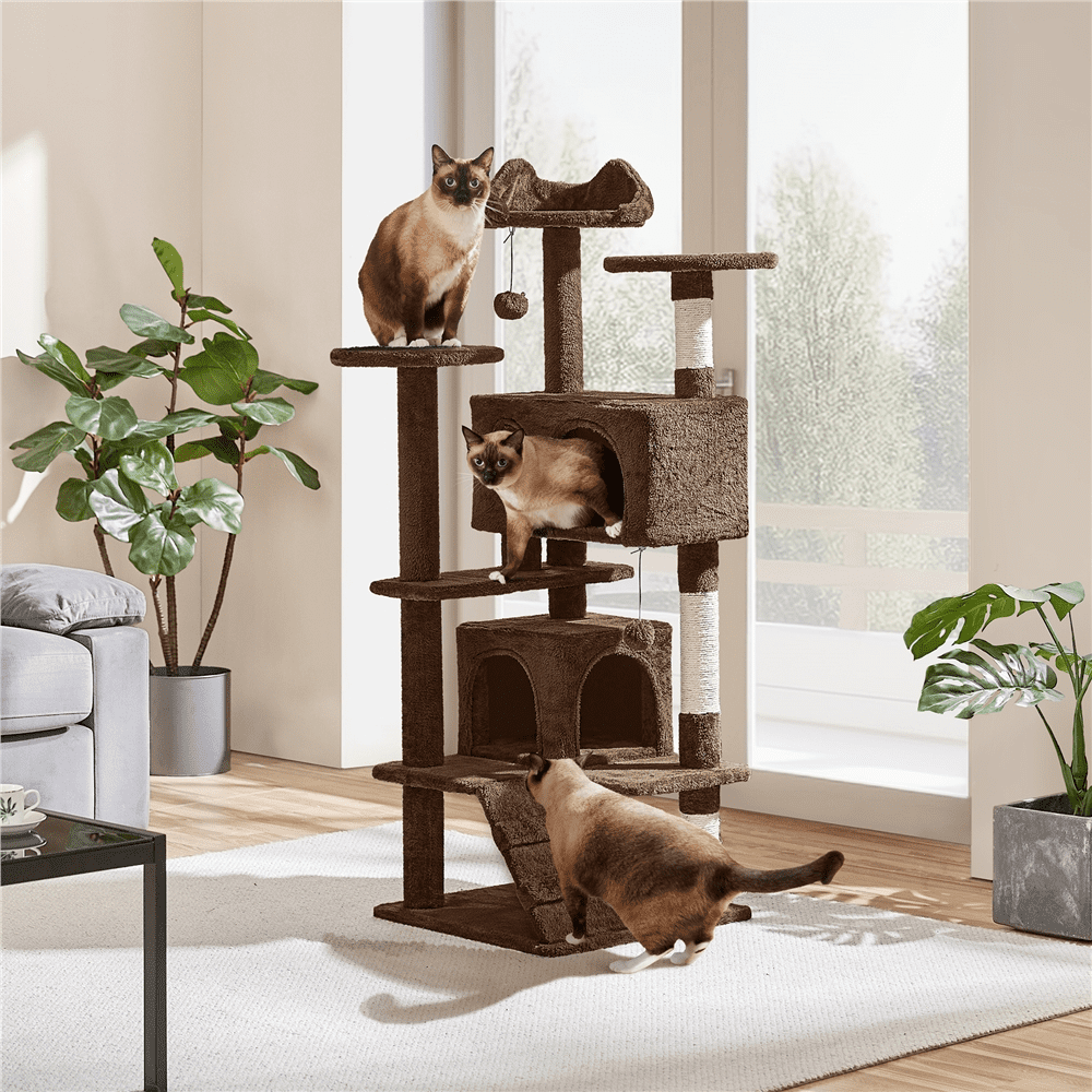 Yaheetech 53.9" H Cat Tree with Double Condos, Scratching Posts & Ramp, Brown