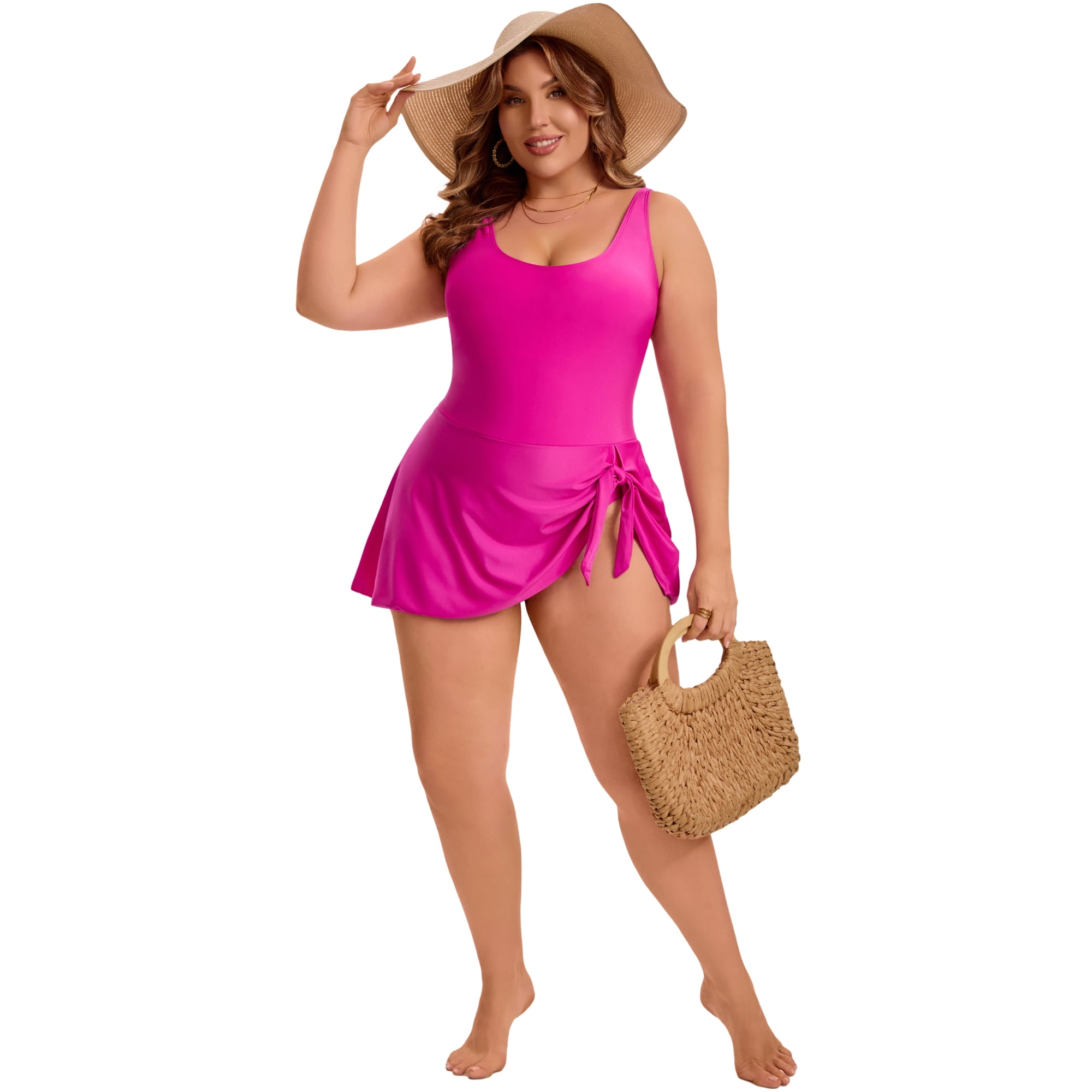 DARING DIVA Women's Plus 1 Piece Tummy Control Push Swimdress 3X Rose Red