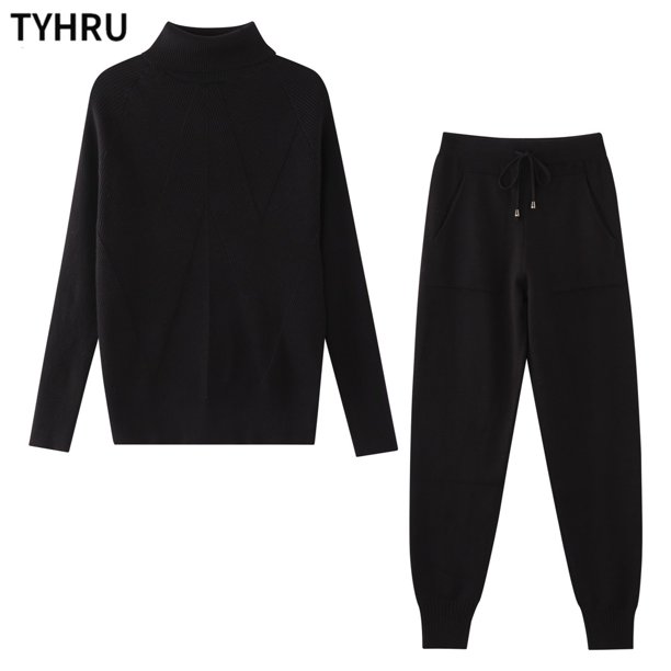 TYHRU-Conjunto de dos piezas de punto para mujer, chándal de Color liso a rayas, suéter de cuello alto y pantalones elásticos, Otoño e Invierno