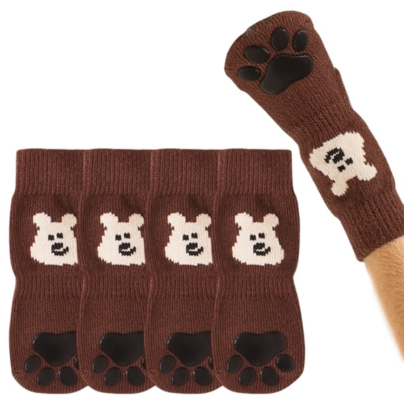 GASTROPOD 4Pcs Socks with Grippers for Samll Dog,Anti-Slip Rubber Sole with Adjustable Strap Dog Socks,Cartoon Bear Pattern High-Stretch Cuff for Easy on & Off Paw Socks for Indoor Use,S