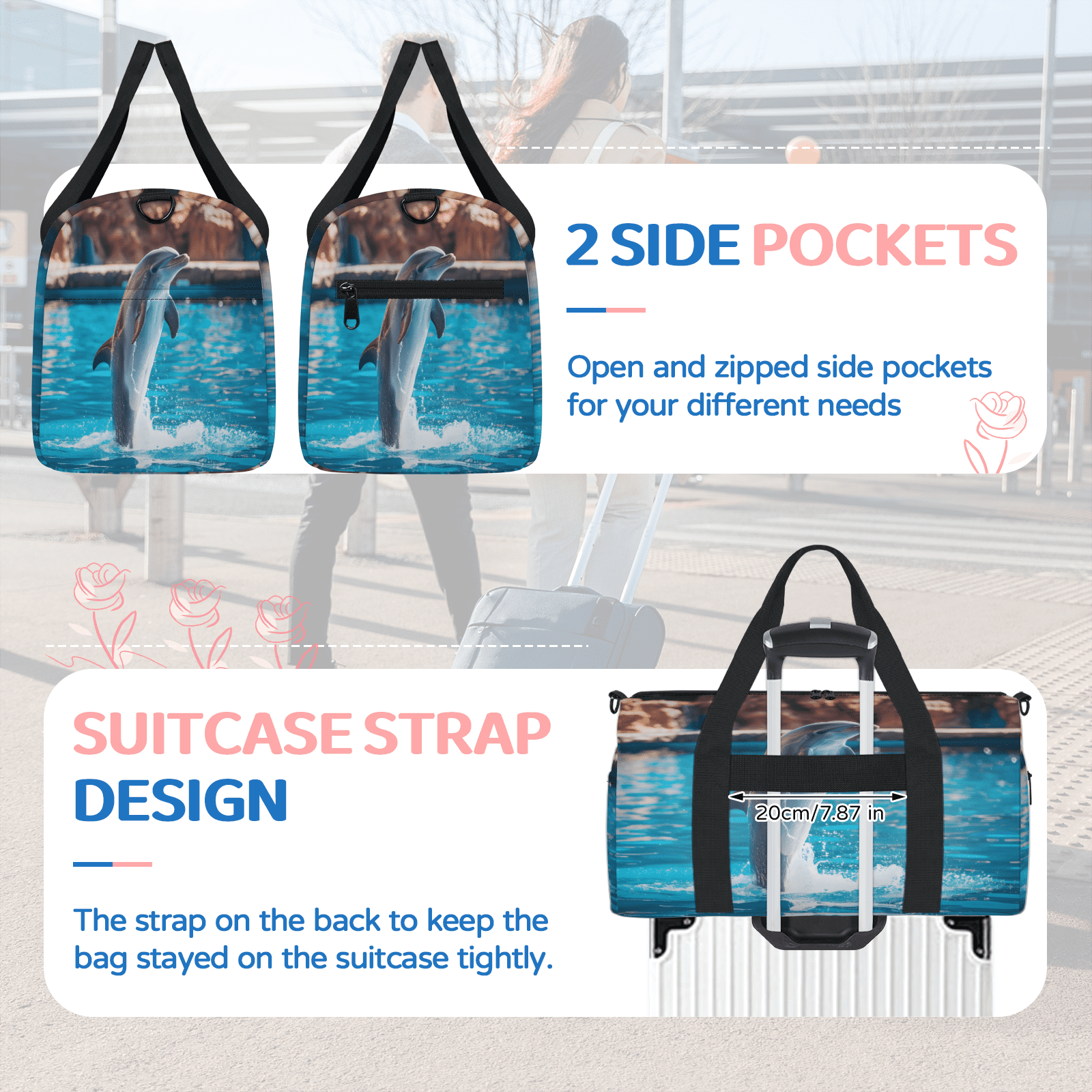 Herdesigns Dolphin Travel Duffle Bag Sports Yoga Weekender Overnight Carry on Workout Bags Lightweight Waterproof Gym Tote Bag for Women
