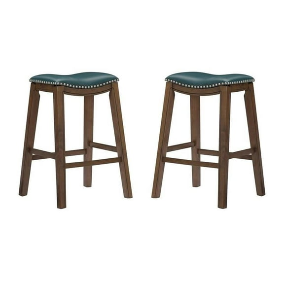 Pemberly Row 29" Upholstered Faux Leather Saddle Bar Stool in Green - Set of 2