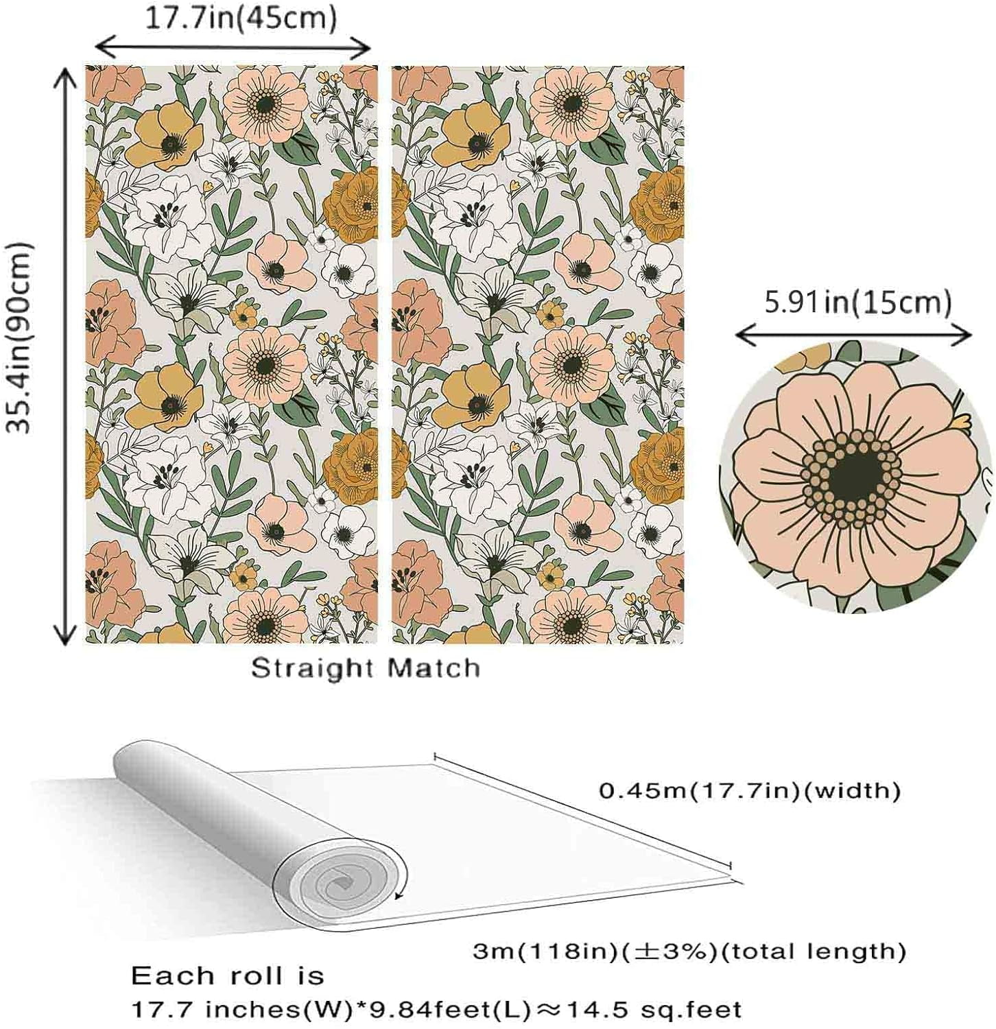 UMIGGEE 17.7-in x 393-in Vintage Floral Peel and Stick Wallpaper Boho Retro Removable Contact Paper Vinyl Self Adhesive Flower Wallpaper for Bathroom Bedroom White/Sand/Oliva