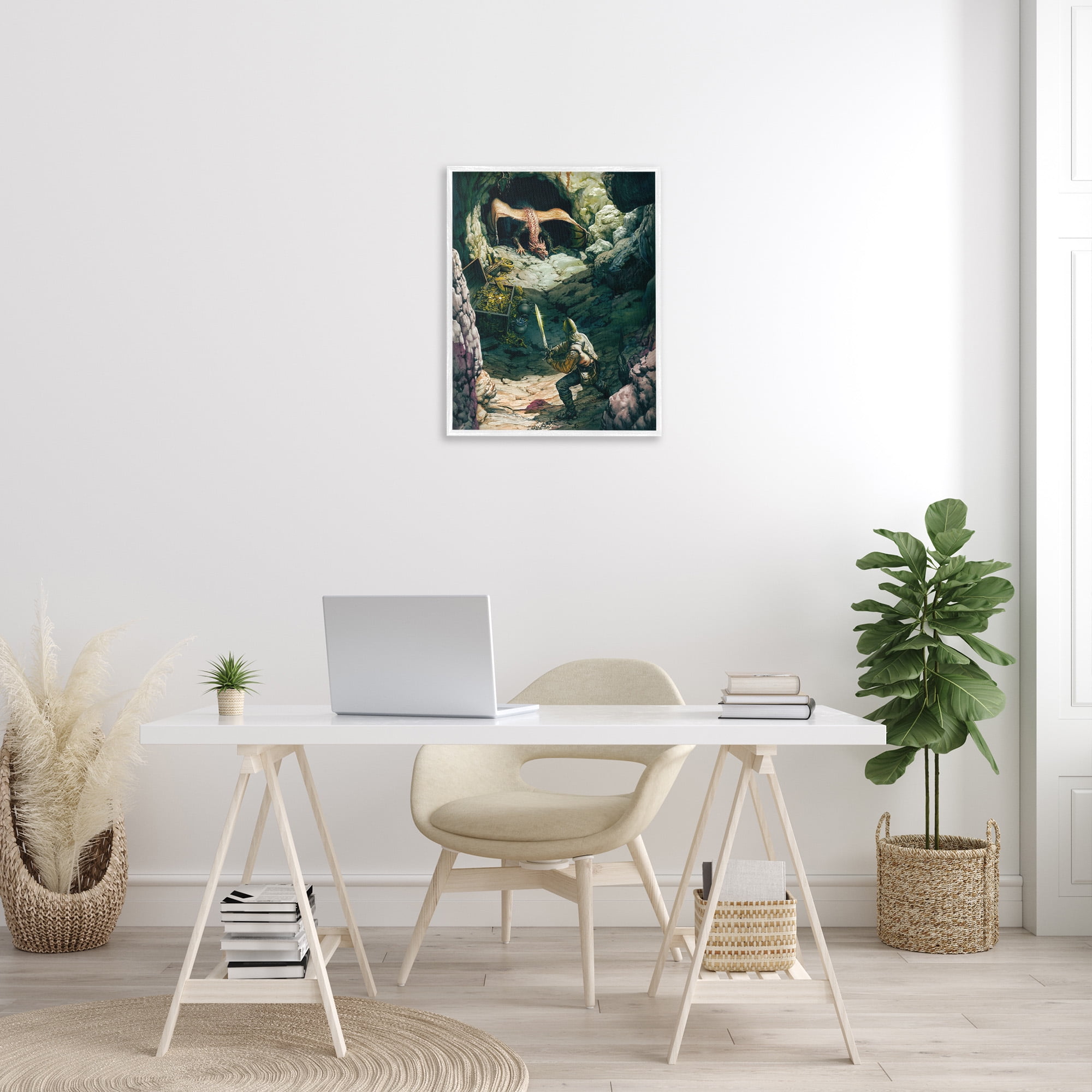 Stupell Industries Dragon & Knight Battle Fairy Tales & Fantasy Painting White Framed Art Print Wall Art, 24 x 30