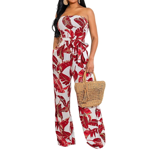 TRKIYQC Mono largo para mujer con cinturón, mameluco fruncido con estampado de hojas sin tirantes, mono con pantalones largos de pierna ancha de verano para mujer TRKIYQC perder